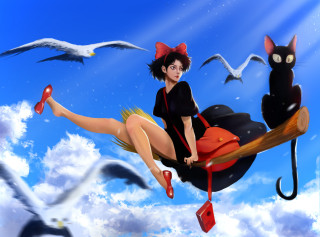 Woman flying red purse black - ghibli free wallpaper