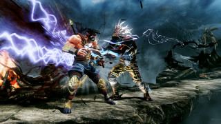 Two characters fighting lightning dark - a dark sky in the background free wallpaper for desktop