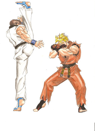 Karate drawing two people stances - a sword and the other free wallpaper for mobile