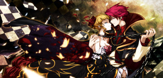 Anime couple hugging chains checkered - background behind them free wallpaper