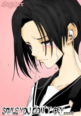 Girl blackhair earphones pinkbackground smile - anime art free wallpaper for mobile