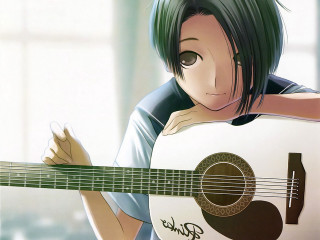 Person holding guitar green hair - a window in the background free wallpaper