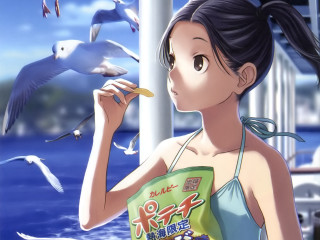 Girl water seagulls flying bag - chizuko yoshida free wallpaper