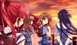 Three anime girls sunset redhair - a sunset sky free wallpaper