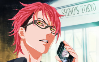 Man pink hair glasses holding - a cell phone in front free wallpaper