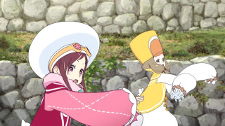 Medieval couple standing stone wall - bourgeoi free wallpaper