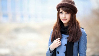 Woman blue coat hat scarf - a black scarf free wallpaper
