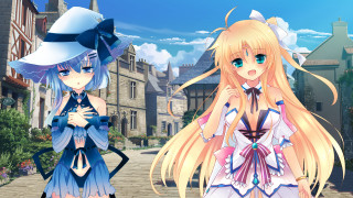 Anime girls dresses hats walking - a street in front free wallpaper