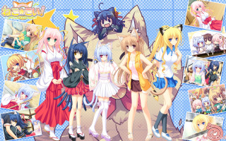 Anime girls group blue background - furry art free wallpaper