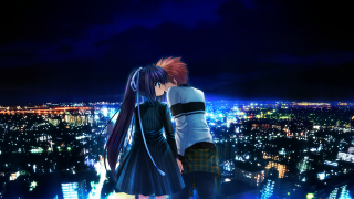 Anime couple city night lights - the building and the sky free wallpaper