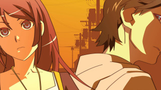 Anime couple orange background wires - wire free wallpaper