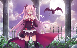 Girl purple dress bat flying - over her free wallpaper