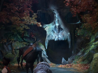 Man walking giant skull forest - brom free wallpaper