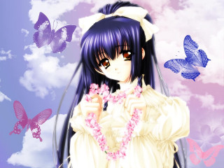 Purple hair white dress butterflies - a flower free wallpaper