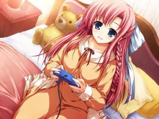 Girl pink hair bed teddy - remote free wallpaper