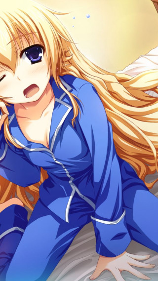 Blonde haired sleepy anime girl - her cheek free wallpaper for mobile