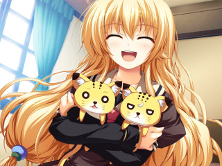 Woman holding two yellow cats - her mouth open free wallpaper