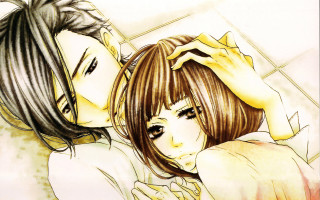 Couple kissing tiled room wall - shin hanga free wallpaper