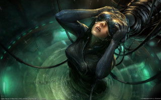 Woman futuristic suit hands on - biopunk free wallpaper