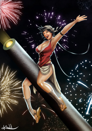 Woman flying giant pencil fireworks - a woman free wallpaper for mobile