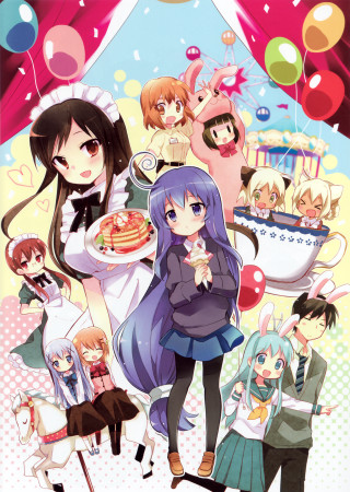 Anime girls balloons cake celebration - free happy birthday wallpaper for mobile