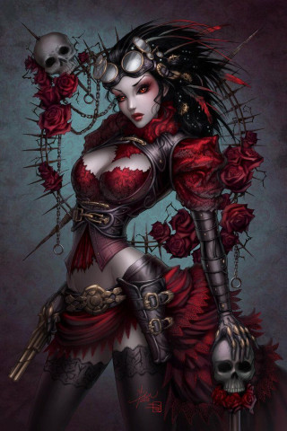Woman red corset skull knife - cyberpunk art free wallpaper for mobile