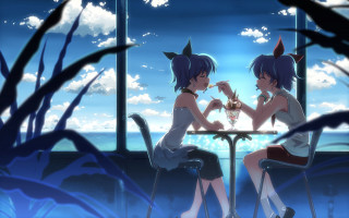 Anime girls eating food window - a view of the ocean free wallpaper