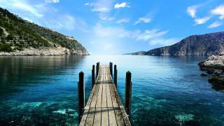 Pier ocean mountains blue water 2 - blue water free wallpaper