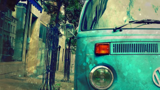 Blue van parked street building 3 - photorealistic imagery free wallpaper