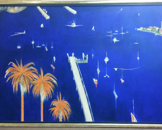 Harbor boats palm trees city - vorticism free wallpaper