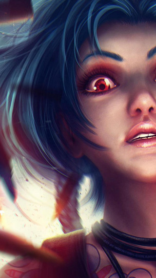 Blue hair red eyes black - digital painting free wallpaper for mobile