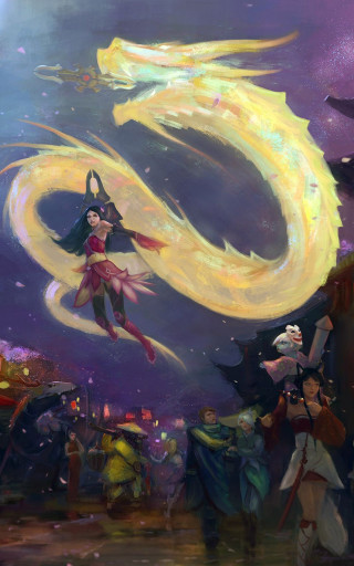 Woman flying yellow circle group - a painting of a woman free wallpaper for mobile