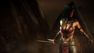 Woman red white outfit swords - her hand and a demon in the background free wallpaper