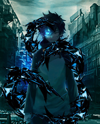 Man blue eye city street - ufotable free wallpaper for mobile