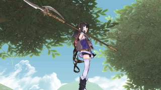 Woman holding stick forest trees - action pose free wallpaper