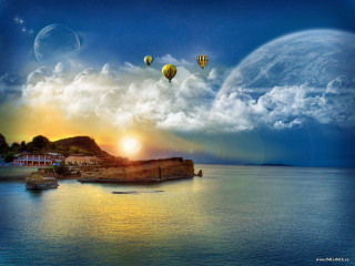 Sunset hotairballoons water town cliff - hot air balloon free wallpaper