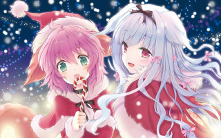 Anime girls red white snow - a santa hat free wallpaper