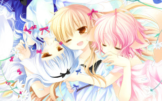 Anime girls hugging flowers cat 2 - two anime girl free wallpaper