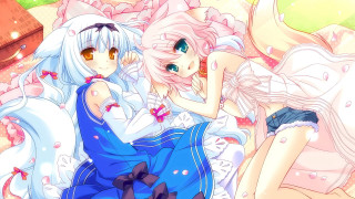 Anime girls bed flowers petals - a detailed drawing free wallpaper