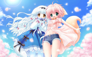 Anime girls blue sky pink - a white cat free wallpaper