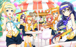 Anime girls table food umbrella - balloon free wallpaper