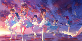 Anime girls beach cloudy sky - above them free wallpaper