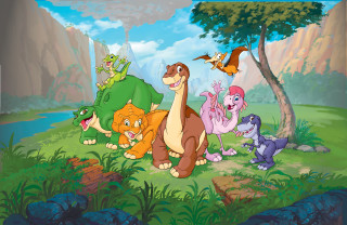 Cartoon animals forest river mountain - neoprimitivism free wallpaper