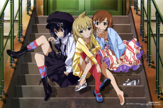 Anime girls sitting steps building - the step of a building free wallpaper