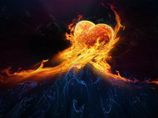 Heart on fire dark background - shaped free wallpaper