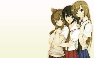 Anime girls hugging yellow background 3 - a white background behind them free wallpaper