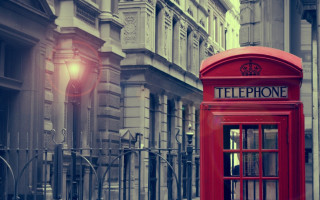 Red telephone booth street fence - vintage free wallpaper