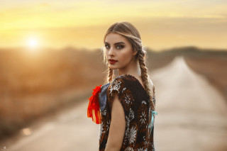 Woman braid road sunset background - a braid free wallpaper