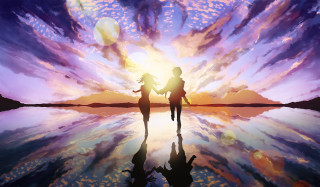 Two people walking lake cloudy - the sun setting behind them free wallpaper