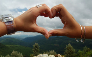 Hands heart mountains clouds sky - two hand free wallpaper